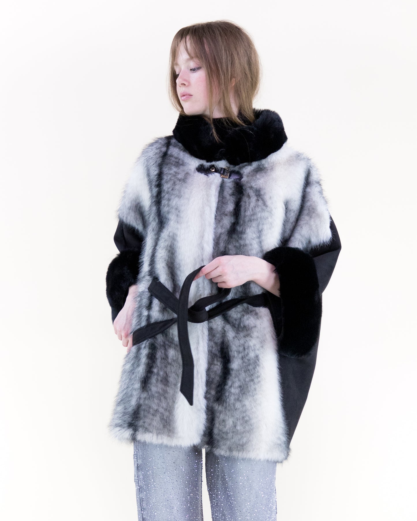 Striped Vegan Fur Neck Toggle Suede Belted Cape