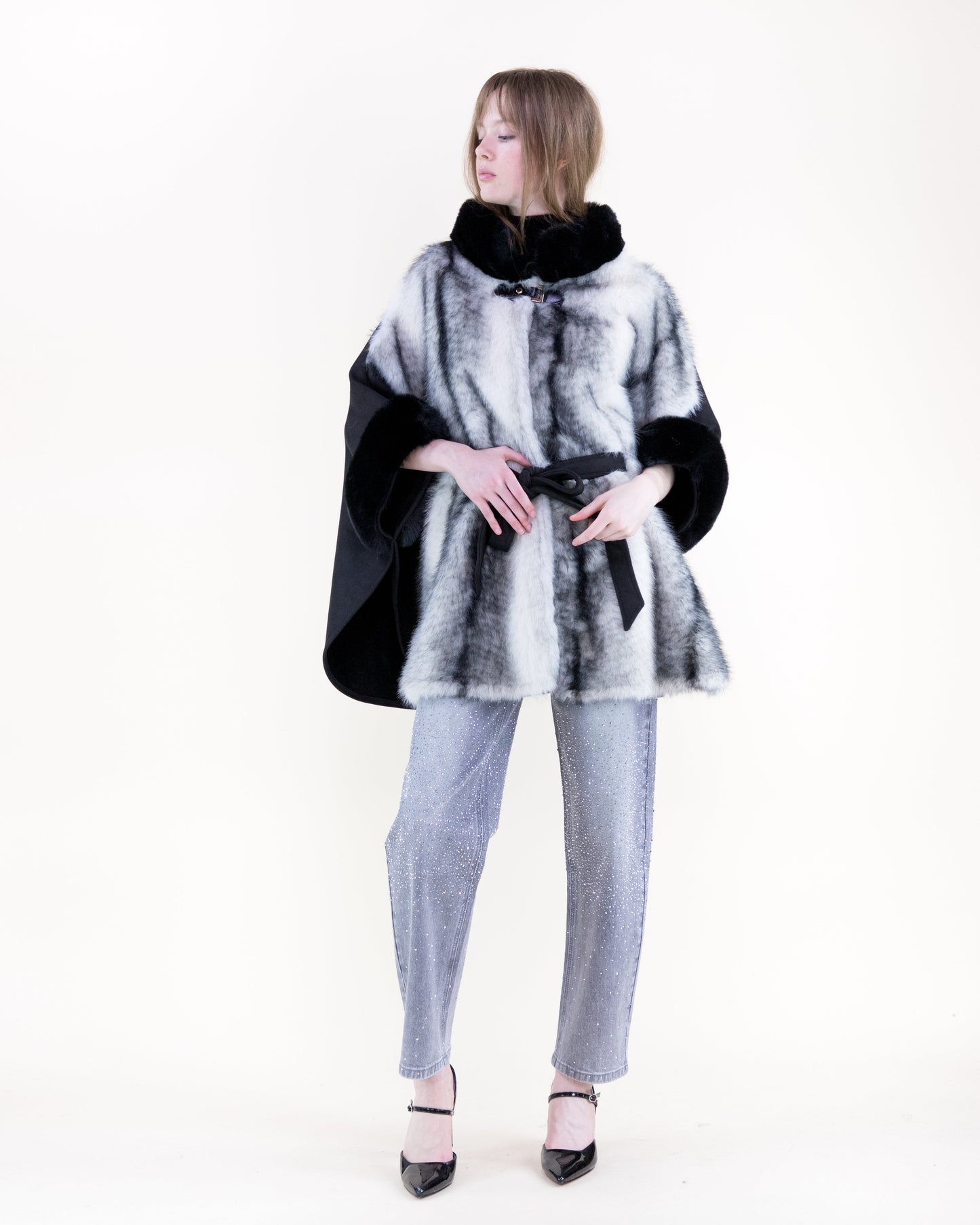 Striped Vegan Fur Neck Toggle Suede Belted Cape