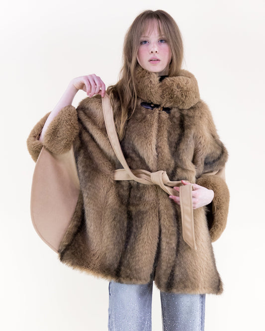 Striped Vegan Fur Neck Toggle Suede Belted Cape