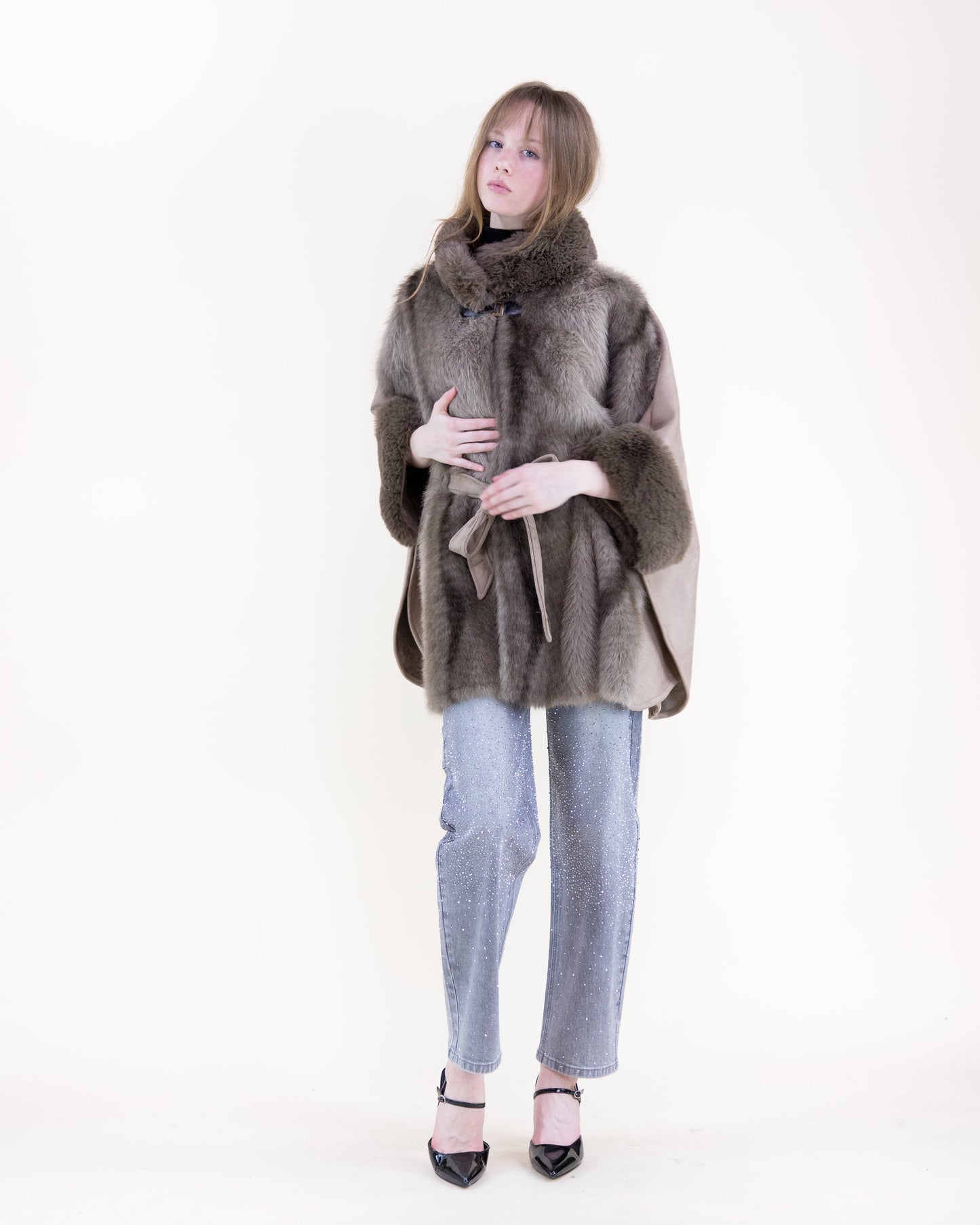 Striped Vegan Fur Neck Toggle Suede Belted Cape