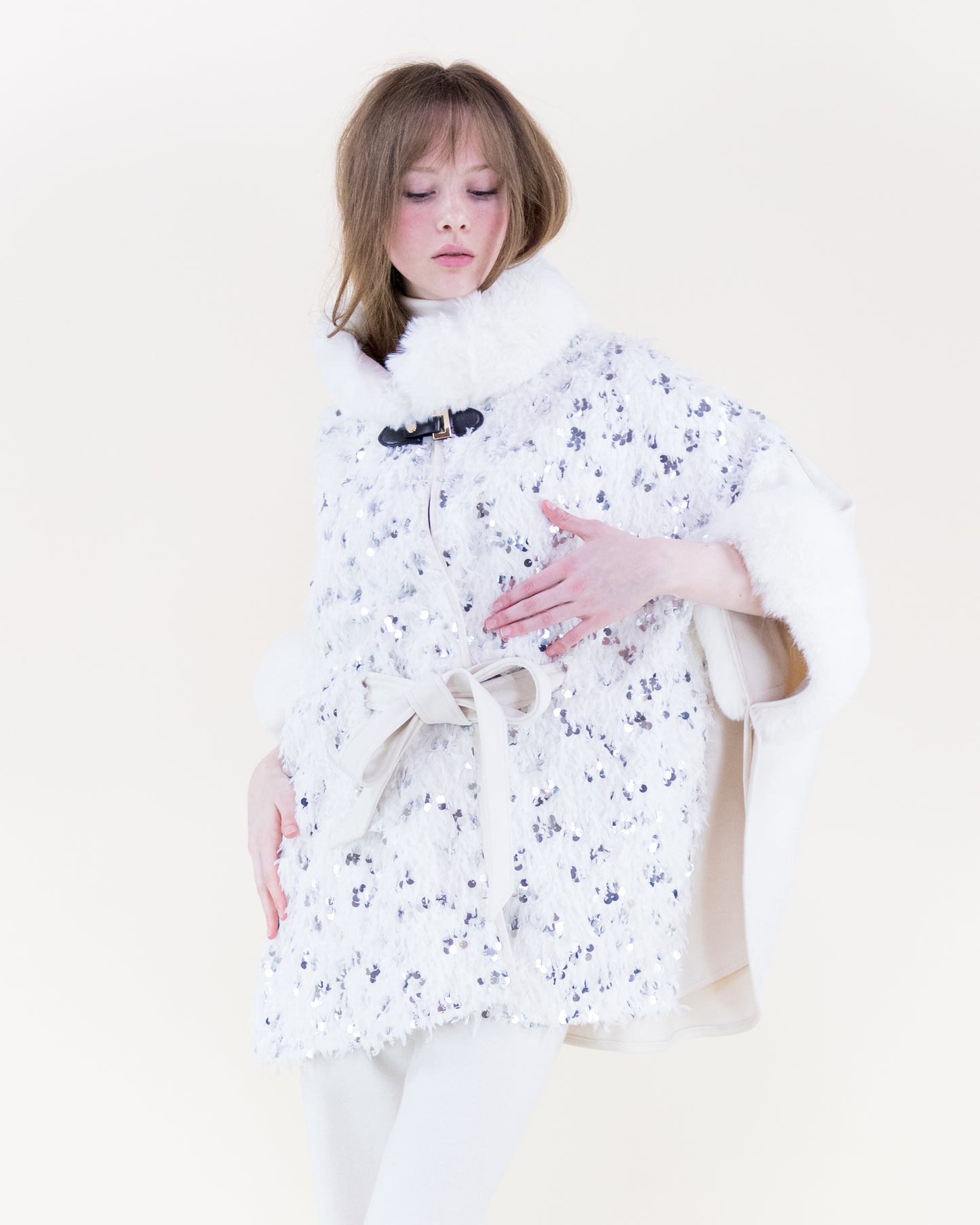 Eyelash Sequin Neck Toggle Suede Belted Cape