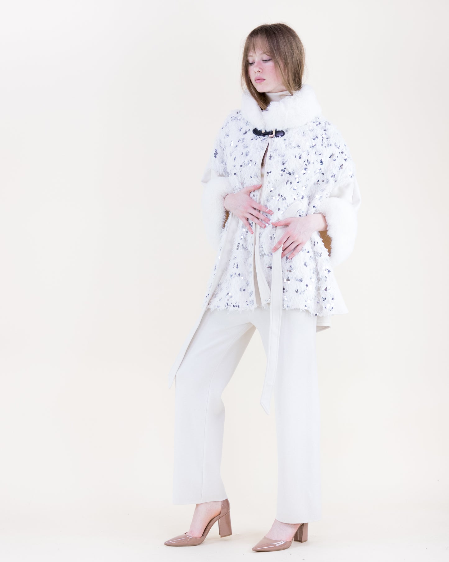 Eyelash Sequin Neck Toggle Suede Belted Cape
