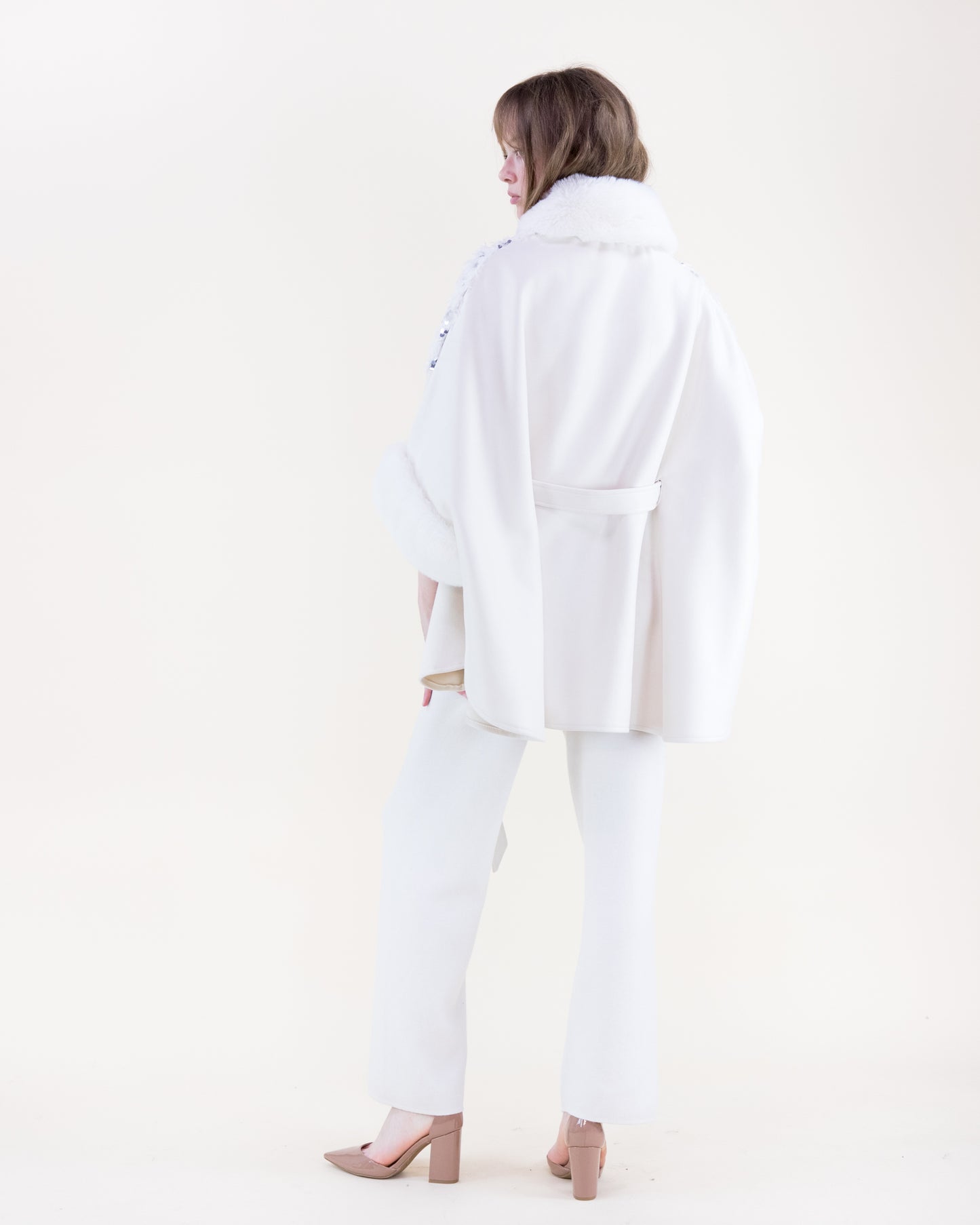 Eyelash Sequin Neck Toggle Suede Belted Cape