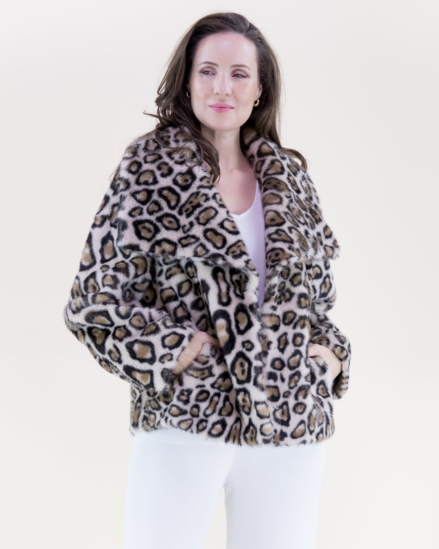 Leopard Wide Lapel Faux Fur Jacket