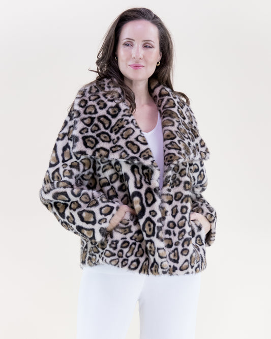 Leopard Wide Lapel Faux Fur Jacket