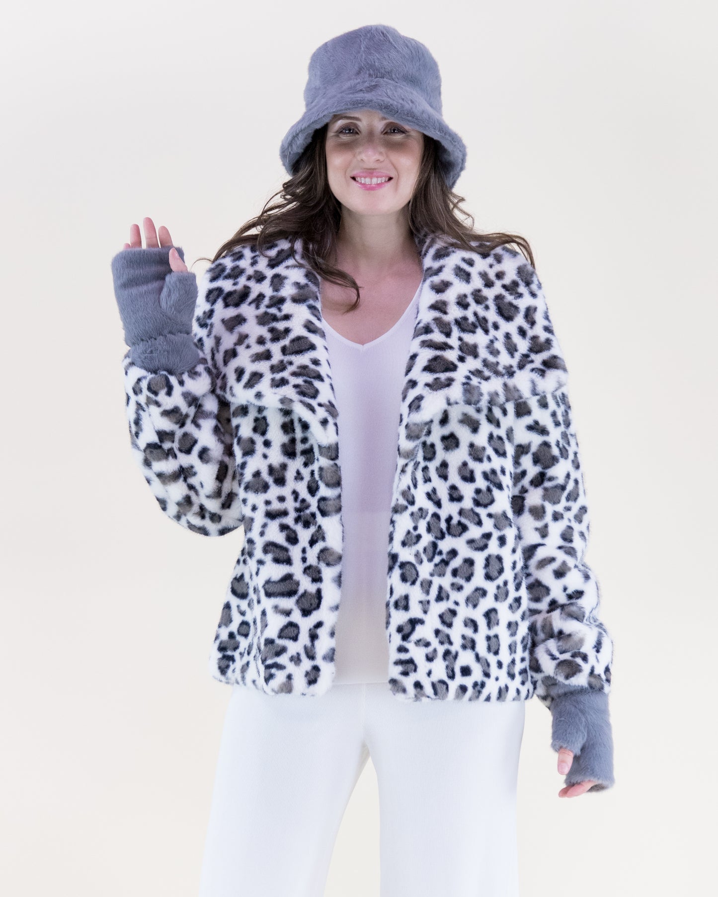 Leopard Wide Lapel Faux Fur Jacket