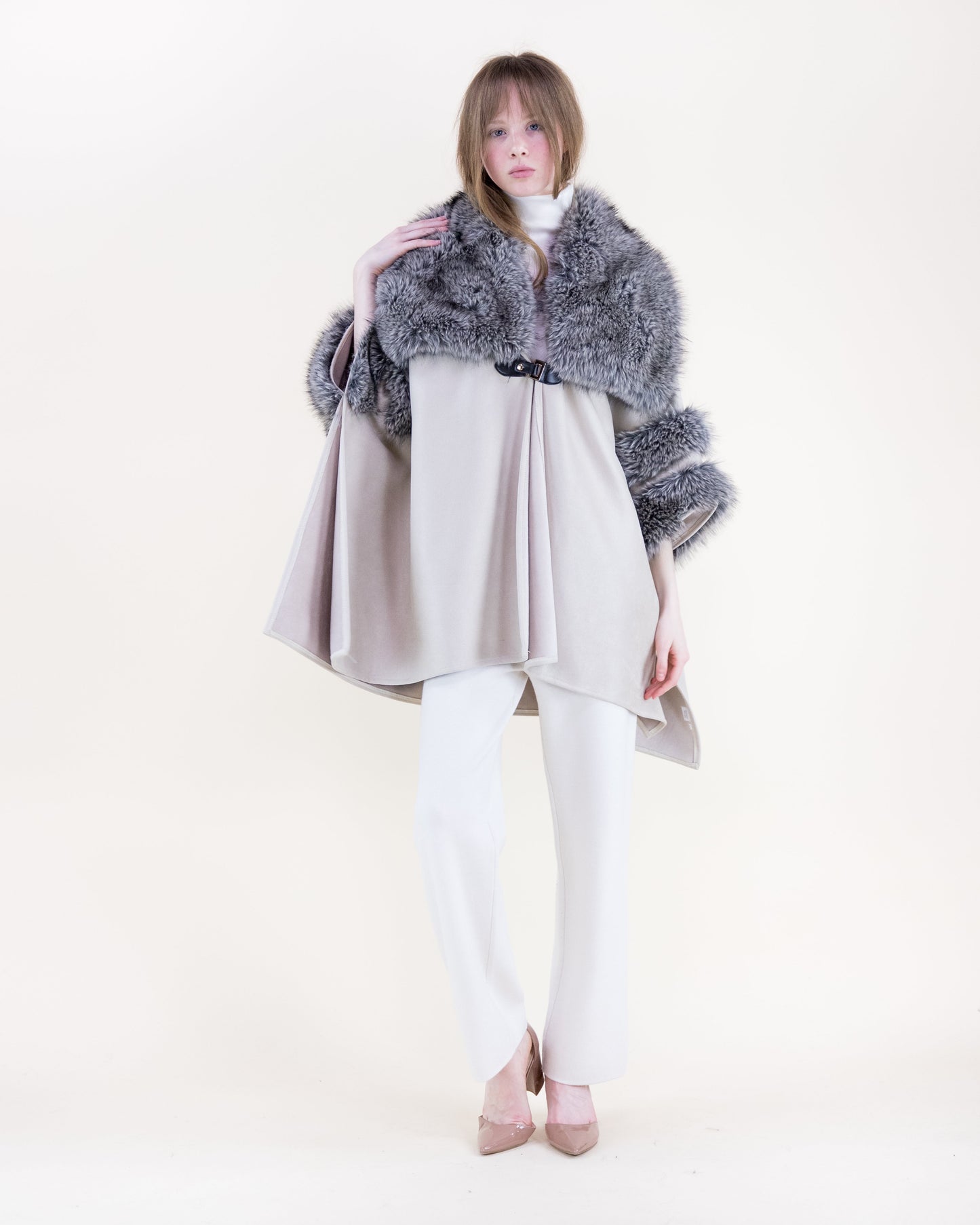 Highland Vegan Fur Toggle Closure Suede Cape