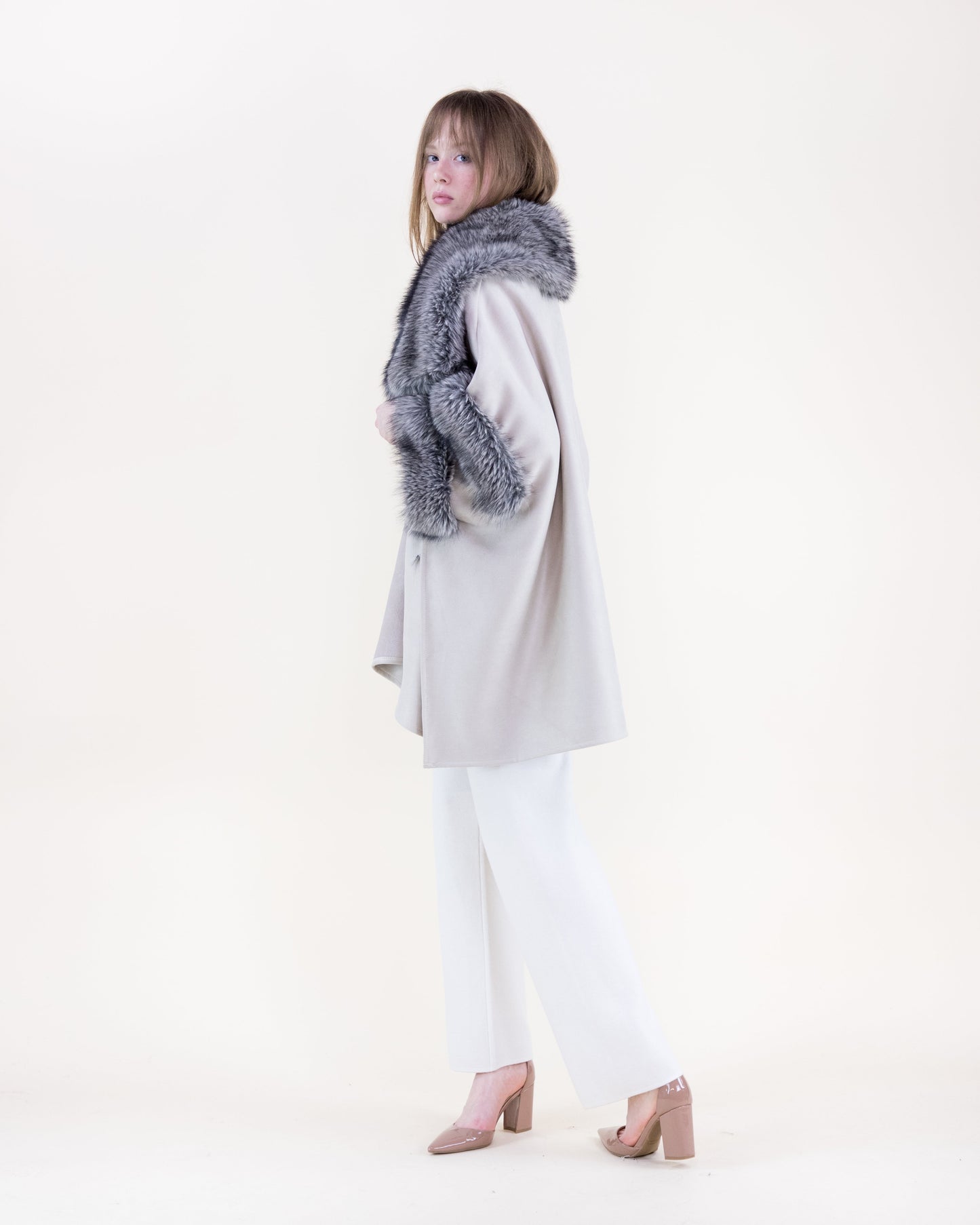 Highland Vegan Fur Toggle Closure Suede Cape