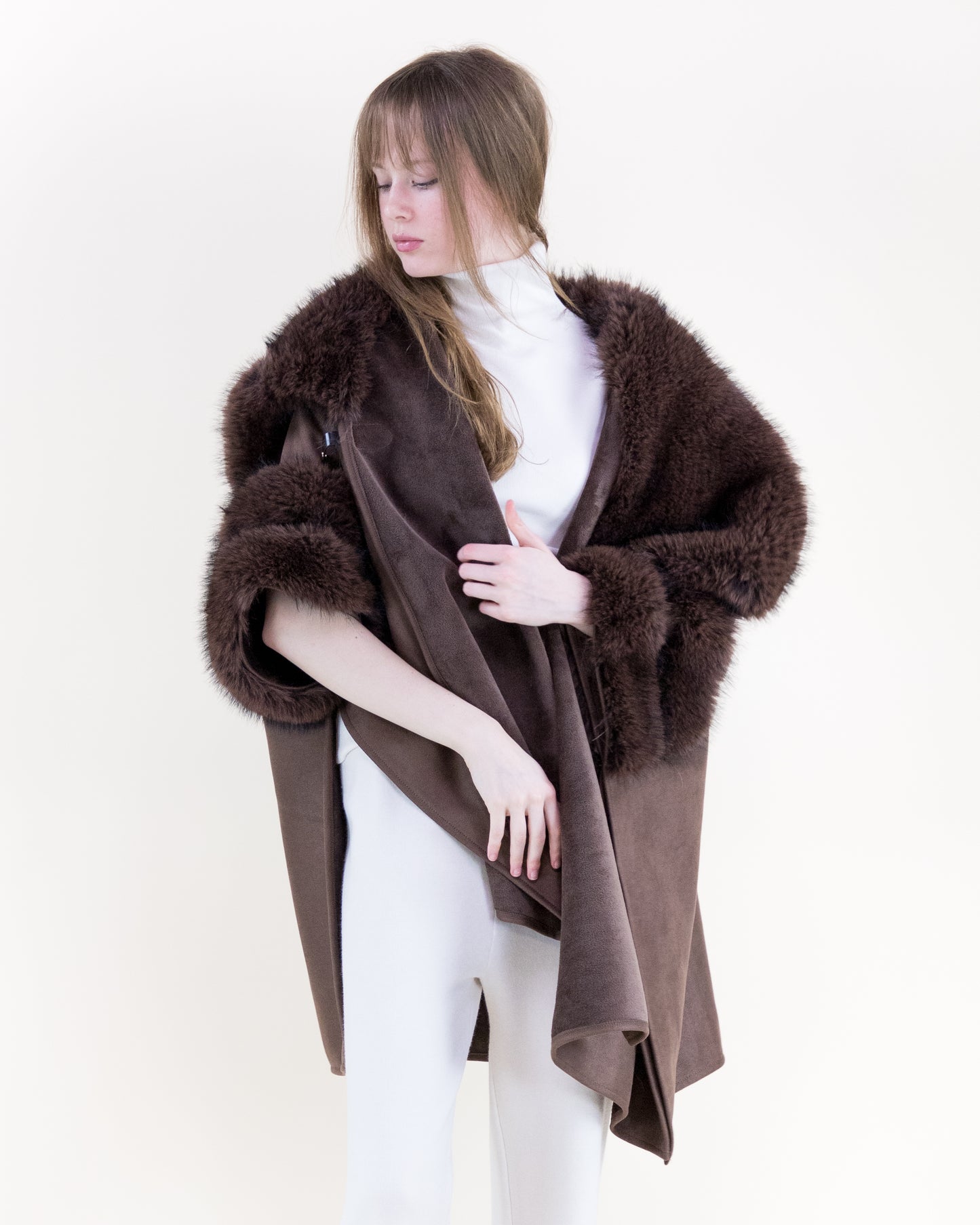 Highland Vegan Fur Toggle Closure Suede Cape
