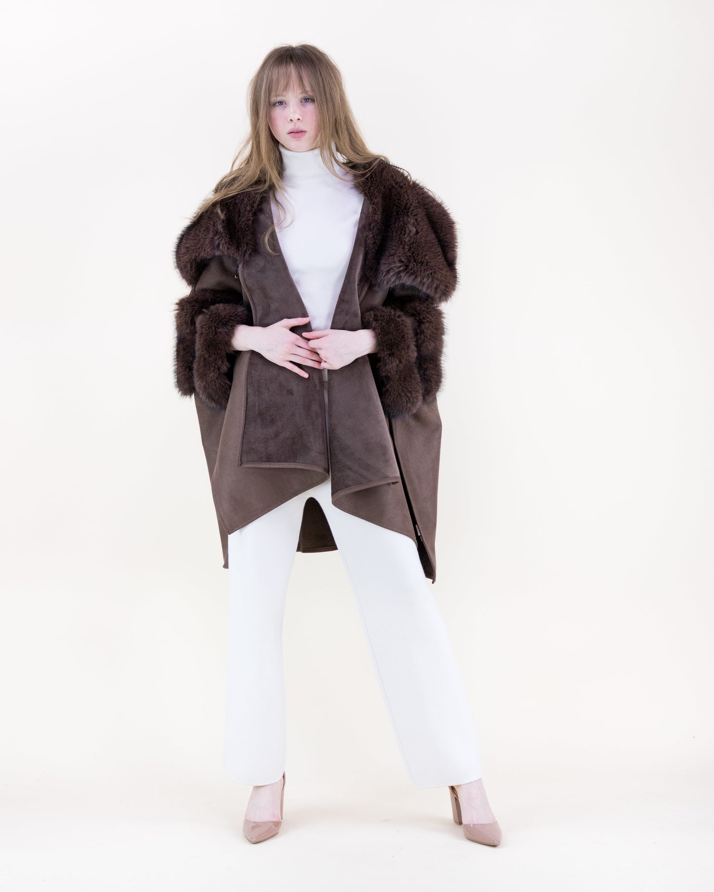 Highland Vegan Fur Toggle Closure Suede Cape