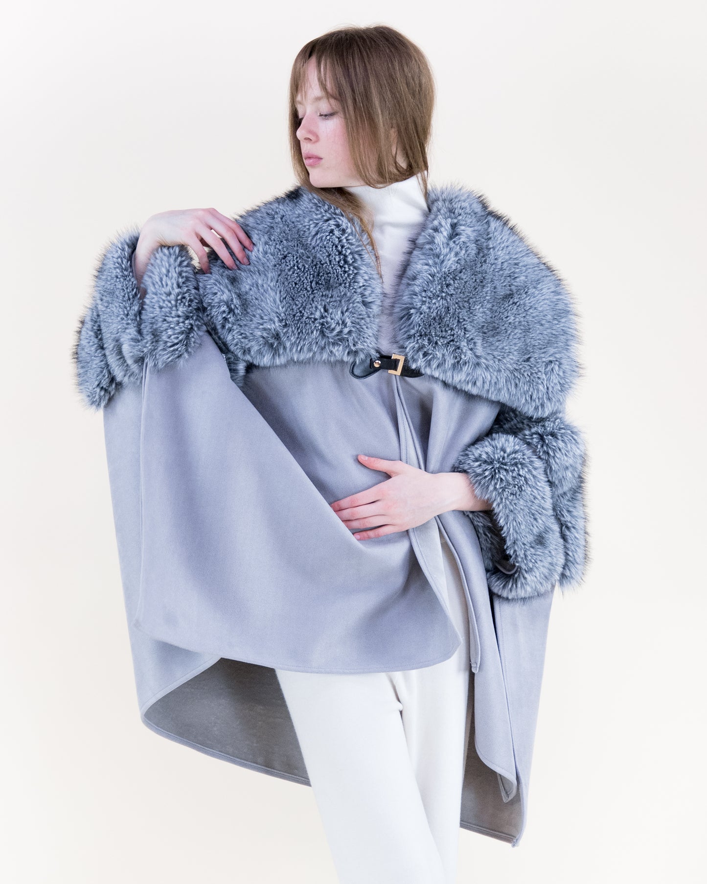 Highland Vegan Fur Toggle Closure Suede Cape
