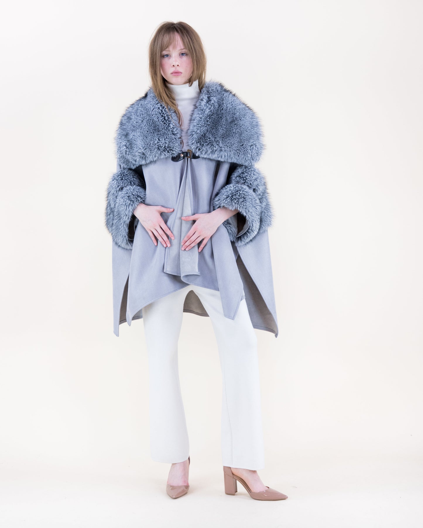 Highland Vegan Fur Toggle Closure Suede Cape