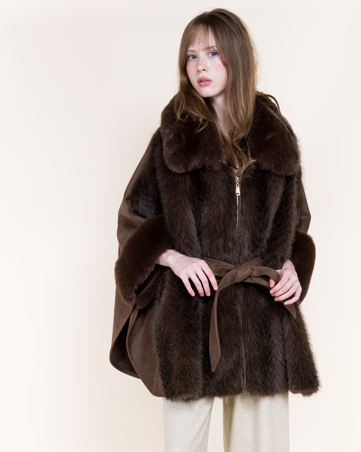 Herringbone Vegan Fur Suede Zip-Up Cape
