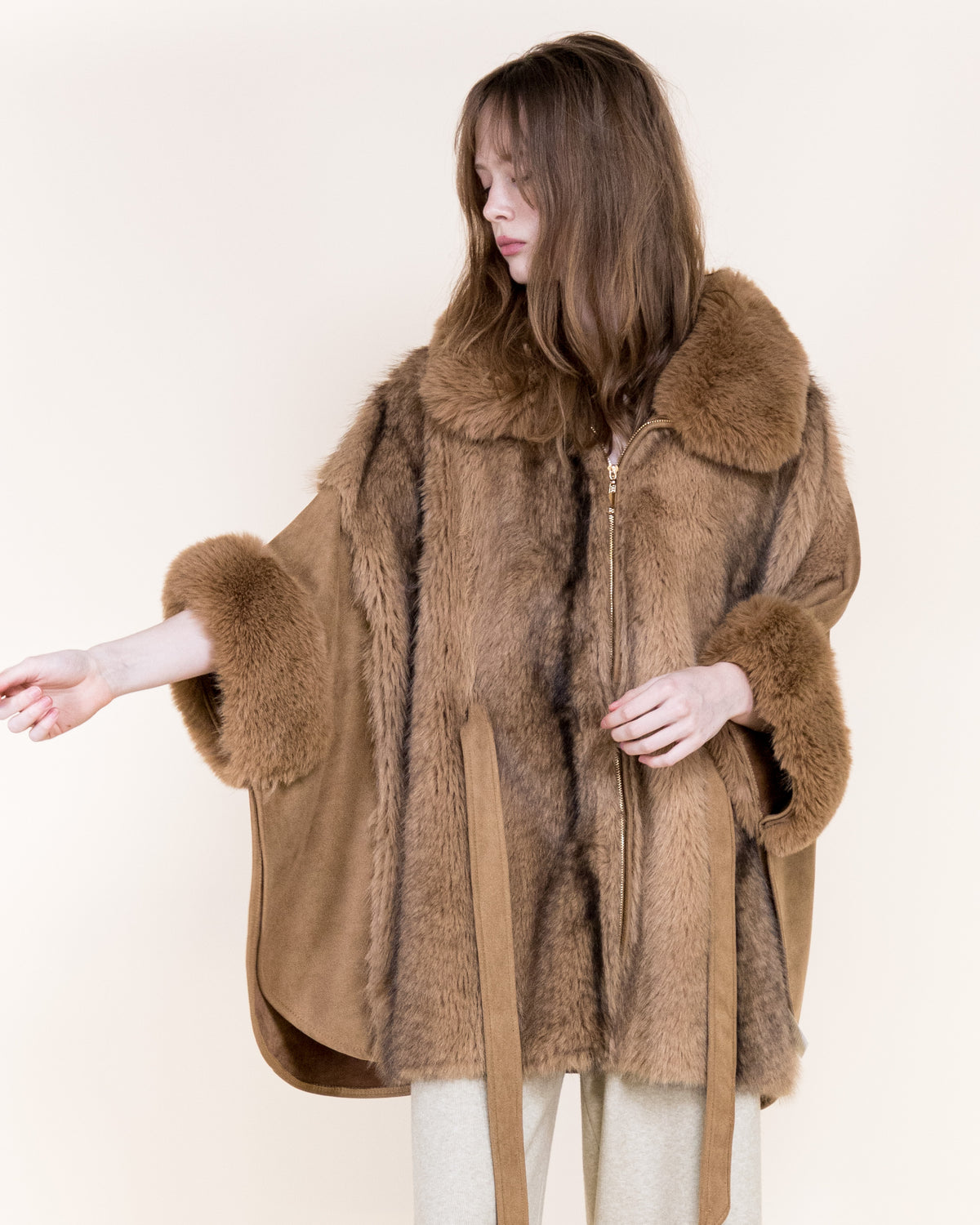 Striped Vegan Fur Neck Toggle Suede Belted Cape