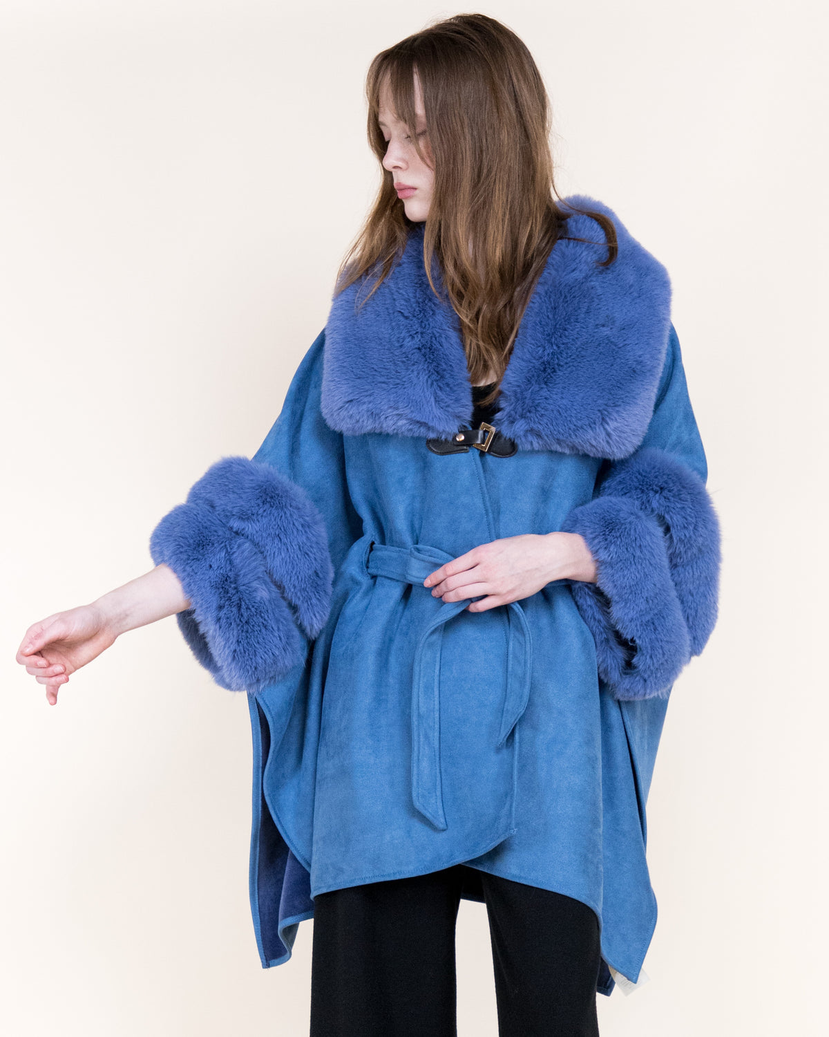 Highland Vegan Fur Neck Toggle Suede Belted Cape