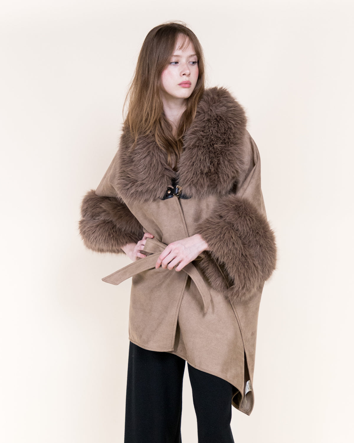 Highland Vegan Fur Neck Toggle Suede Belted Cape