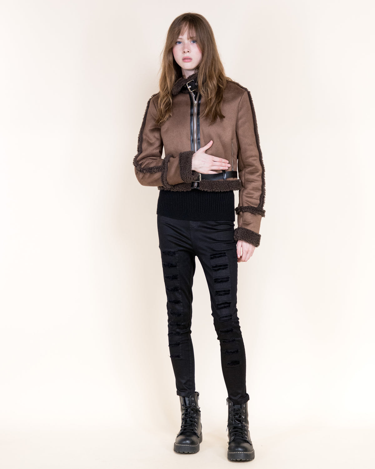 Femme Zip-Up Shearling Trim Vegan Suede Jacket