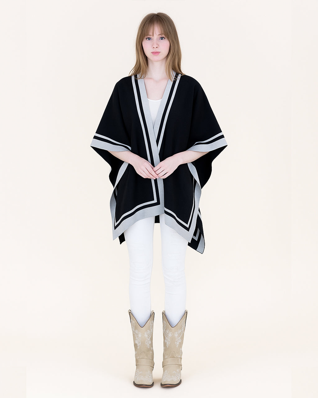 Colorblocked Border Stripe Tight Knit Kimono Wrap