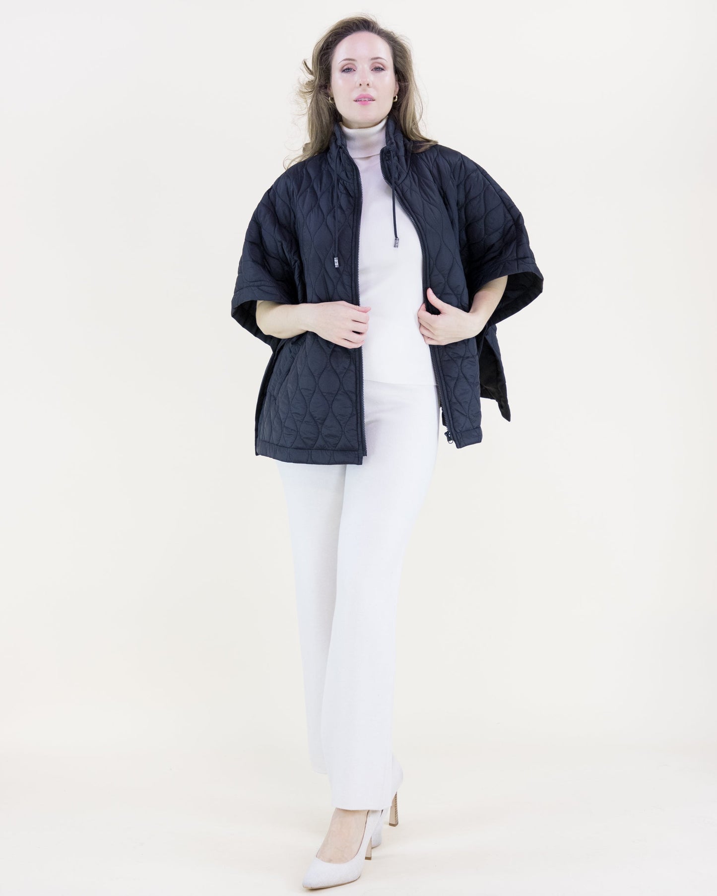 Boxy Funnel Neck Side Snaps Cocoon Puffer Poncho