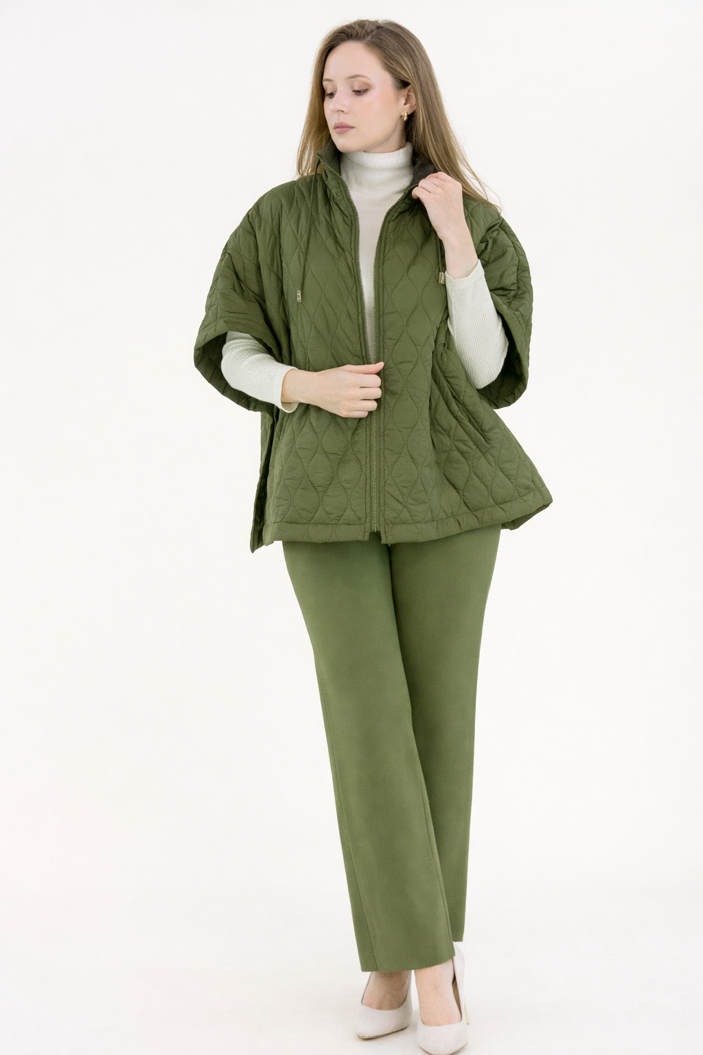 Boxy Funnel Neck Side Snaps Cocoon Puffer Poncho
