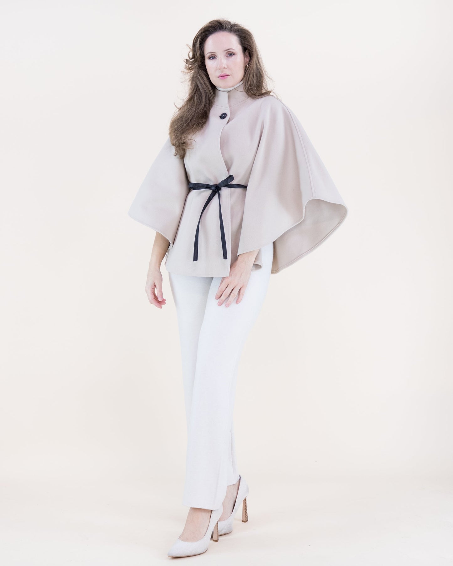 Funnel Neck Faux Leather Belt Cape