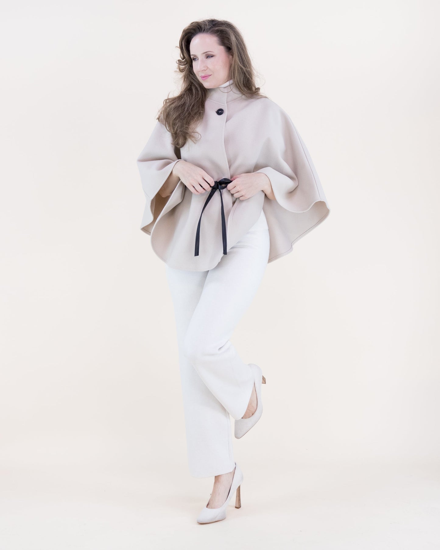 Funnel Neck Faux Leather Belt Cape