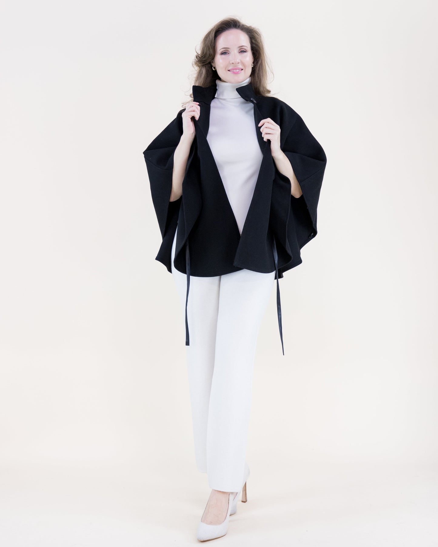 Funnel Neck Faux Leather Belt Cape