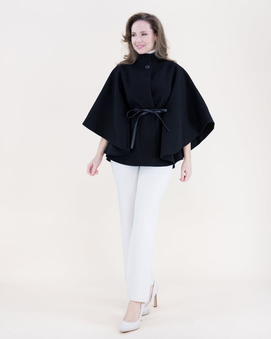 Funnel Neck Faux Leather Belt Cape
