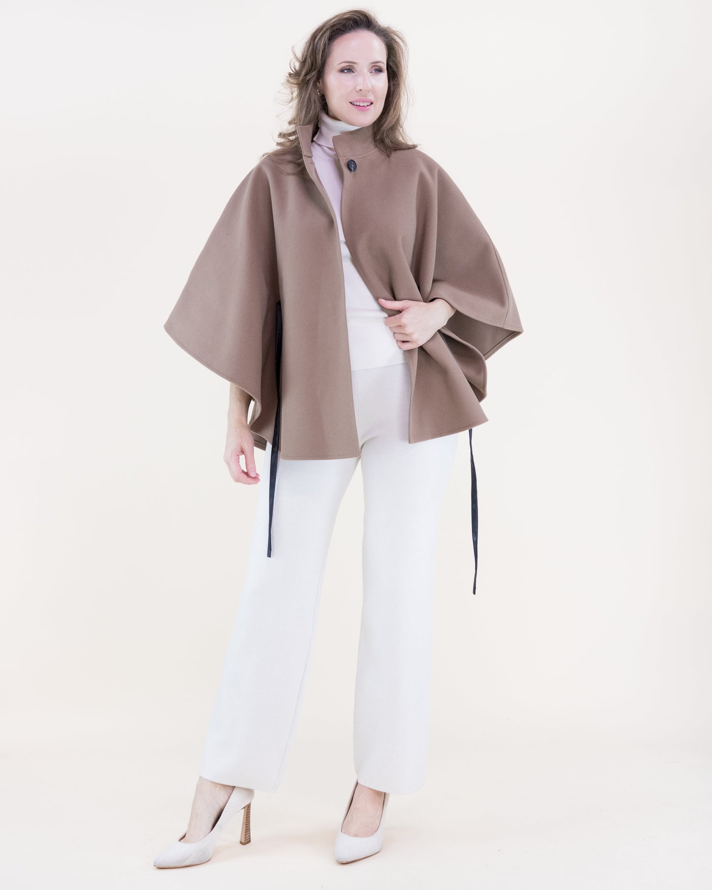 Funnel Neck Faux Leather Belt Cape