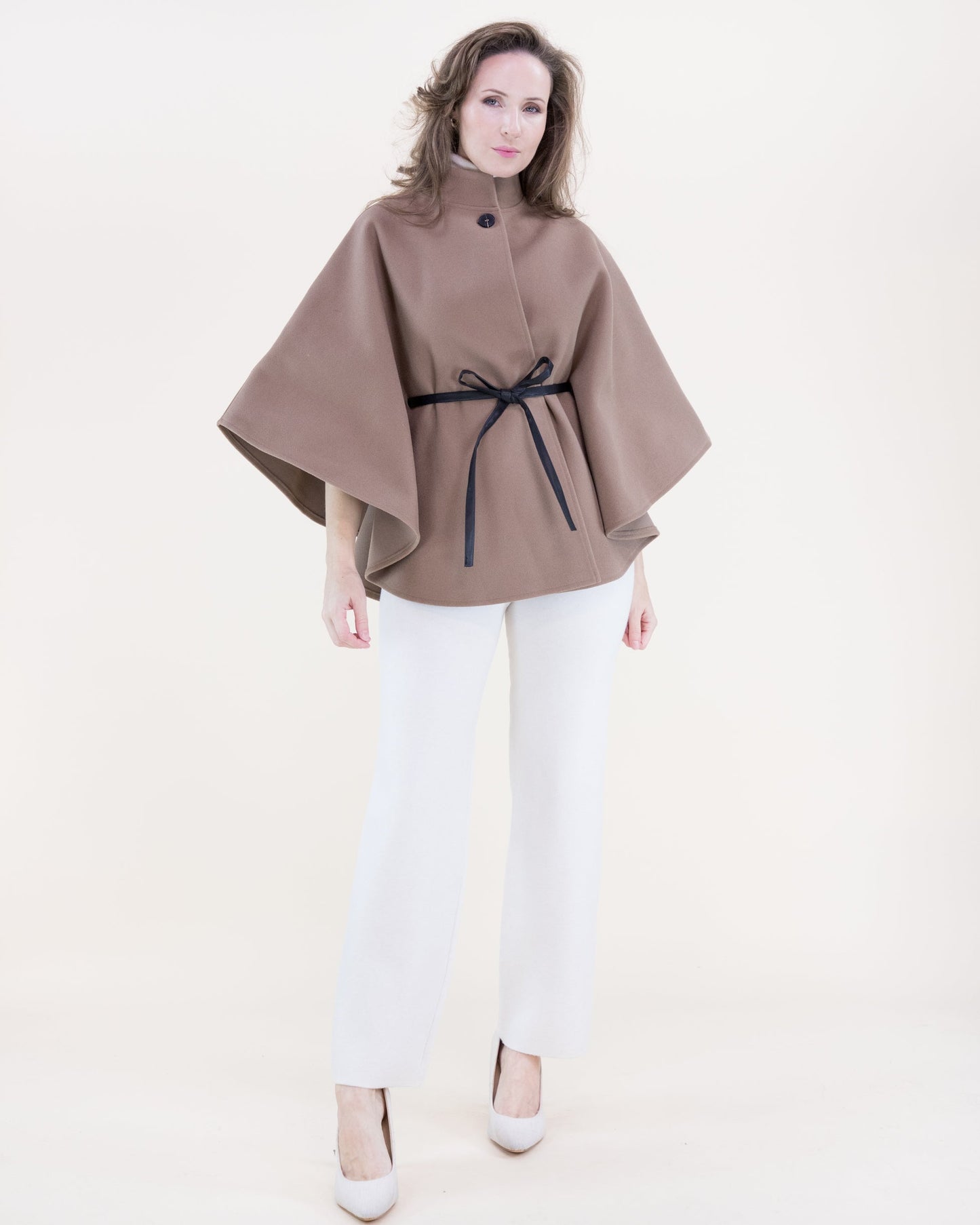 Funnel Neck Faux Leather Belt Cape
