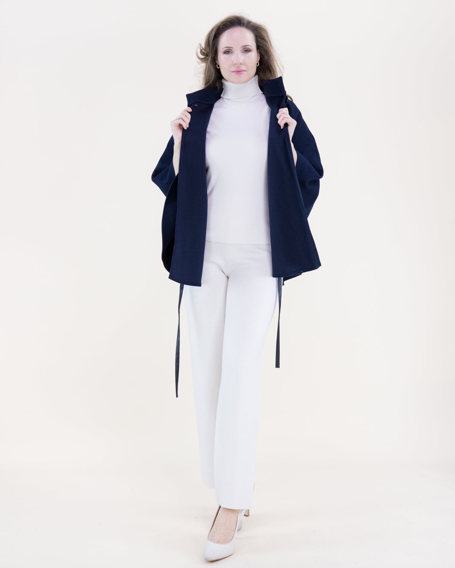 Funnel Neck Faux Leather Belt Cape