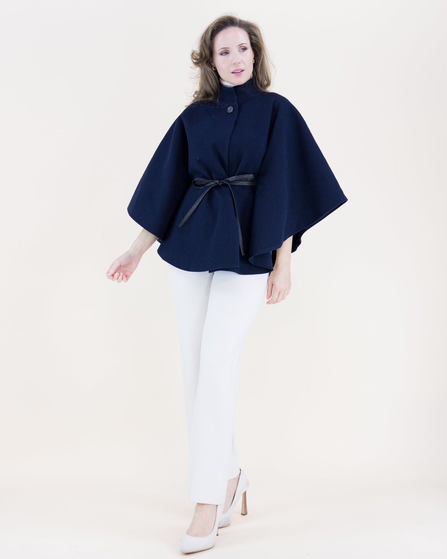Funnel Neck Faux Leather Belt Cape