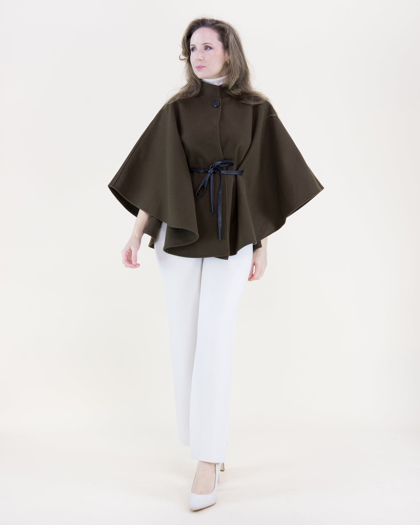 Funnel Neck Faux Leather Belt Cape