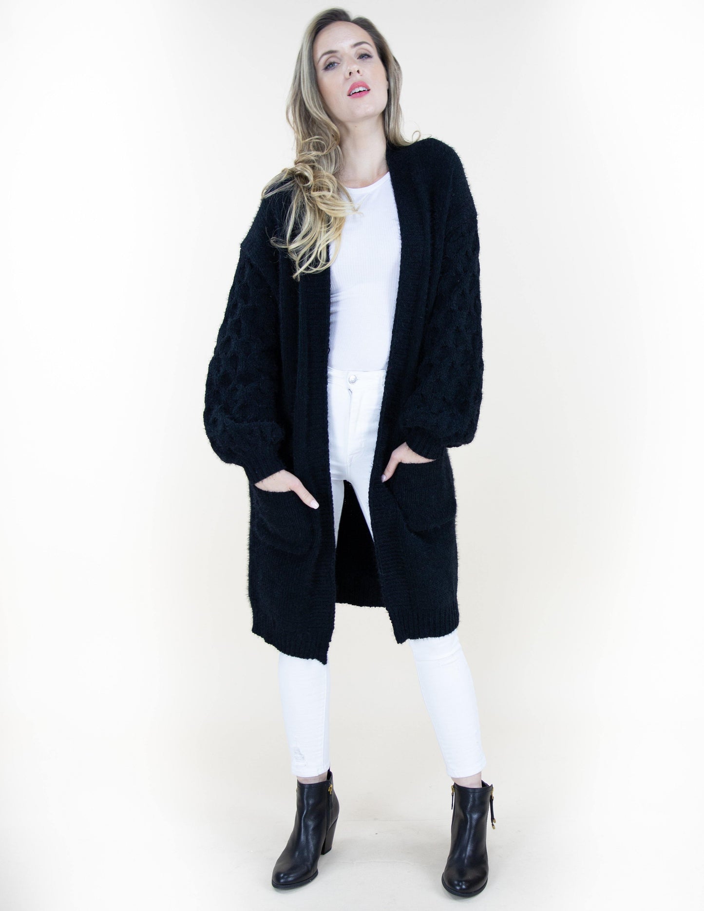Long Open Pocket Cardigan w/ Braid Knitted Sleeves