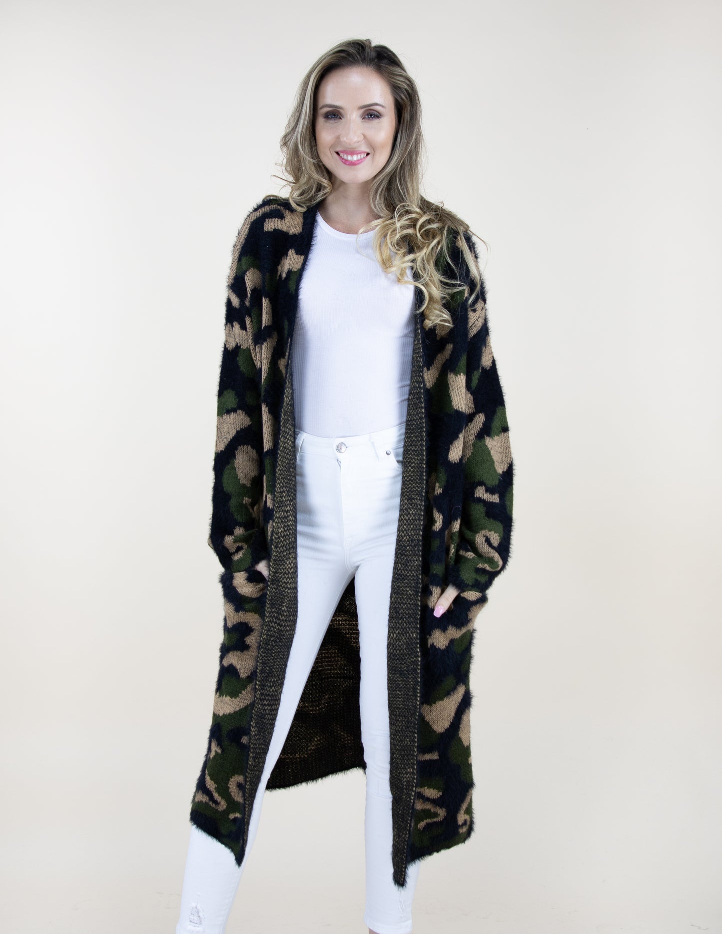 Eyelash Camouflage Long Sleeve Cardigan W/ Pockets - (S/M, L/XL)