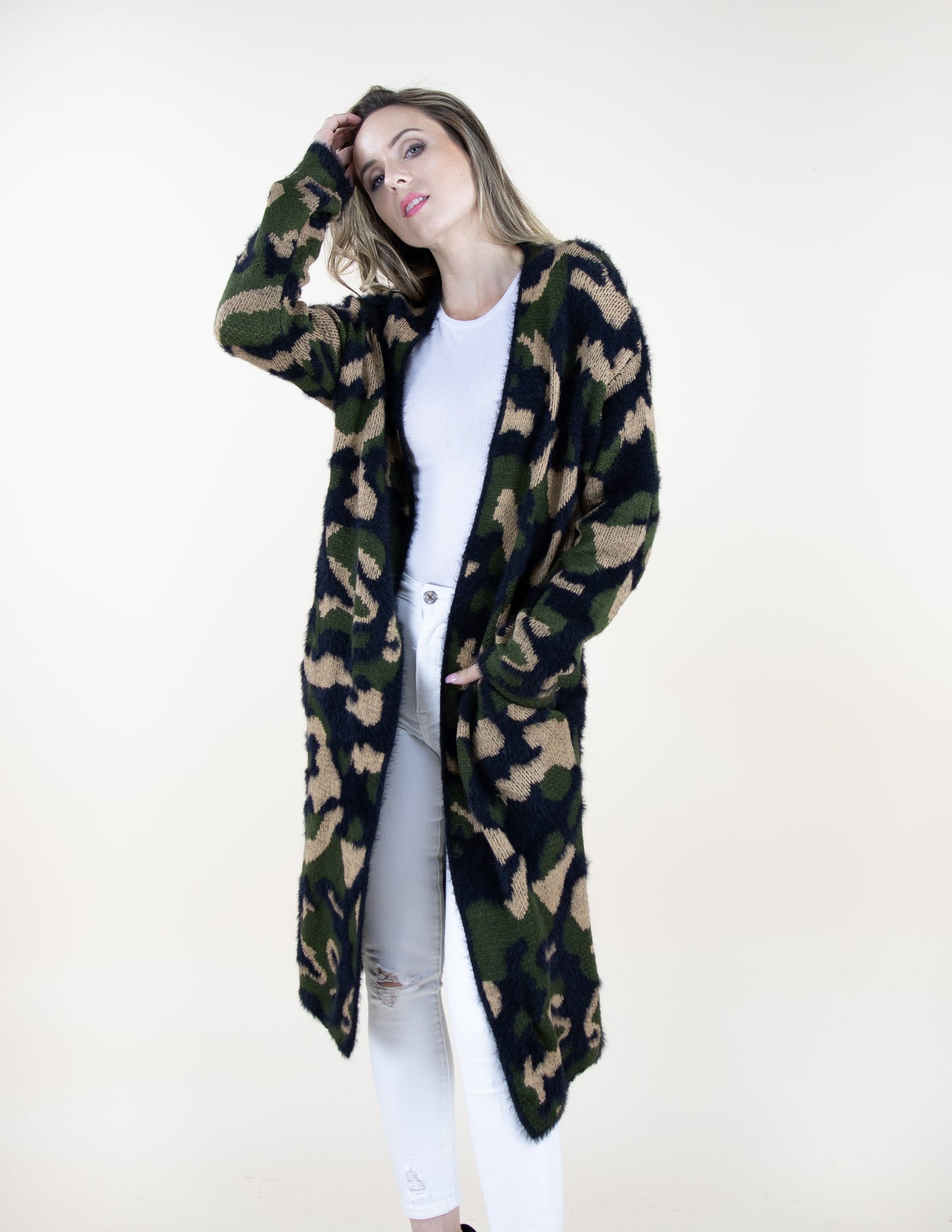 Eyelash Camouflage Long Sleeve Cardigan W/ Pockets - (S/M, L/XL)