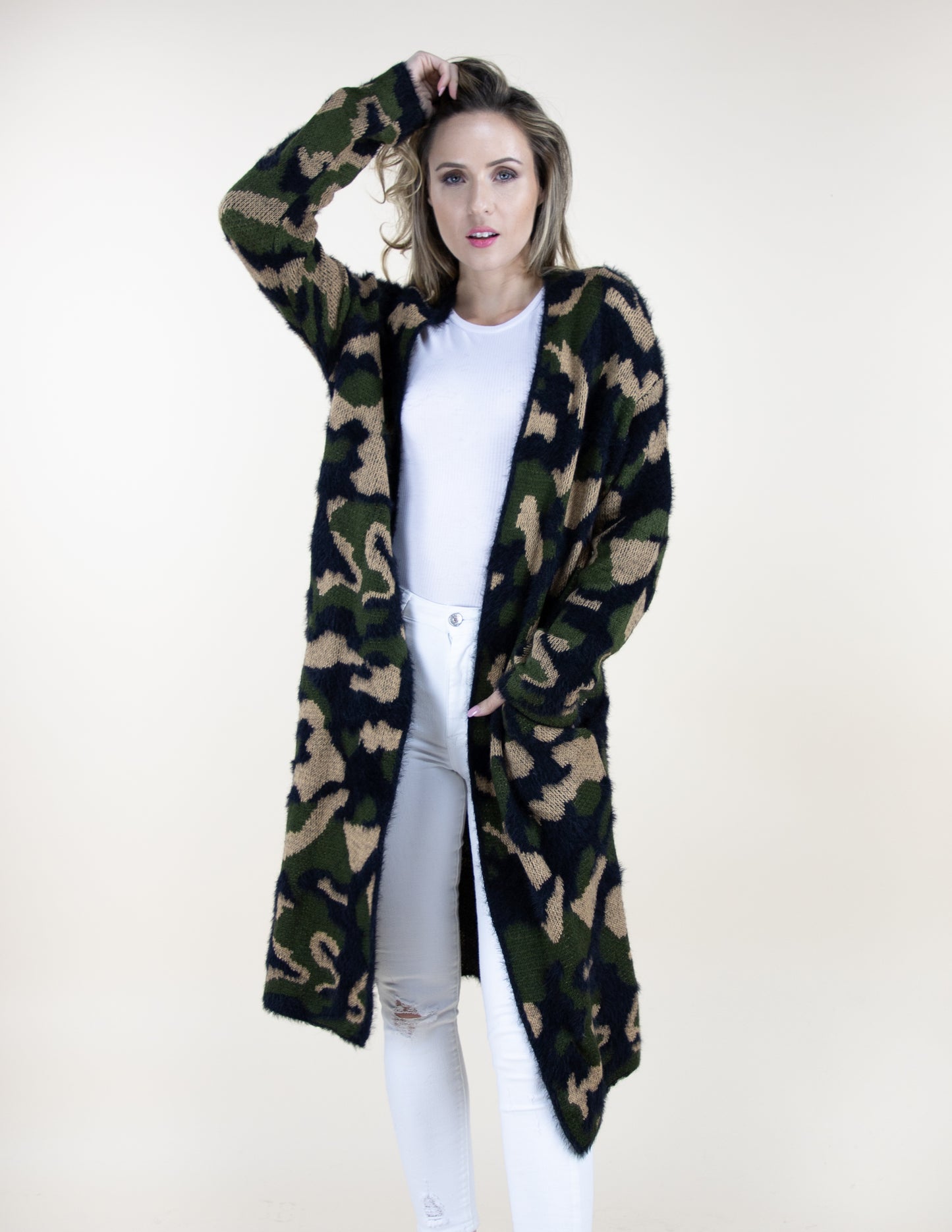 Eyelash Camouflage Long Sleeve Cardigan W/ Pockets - (S/M, L/XL)