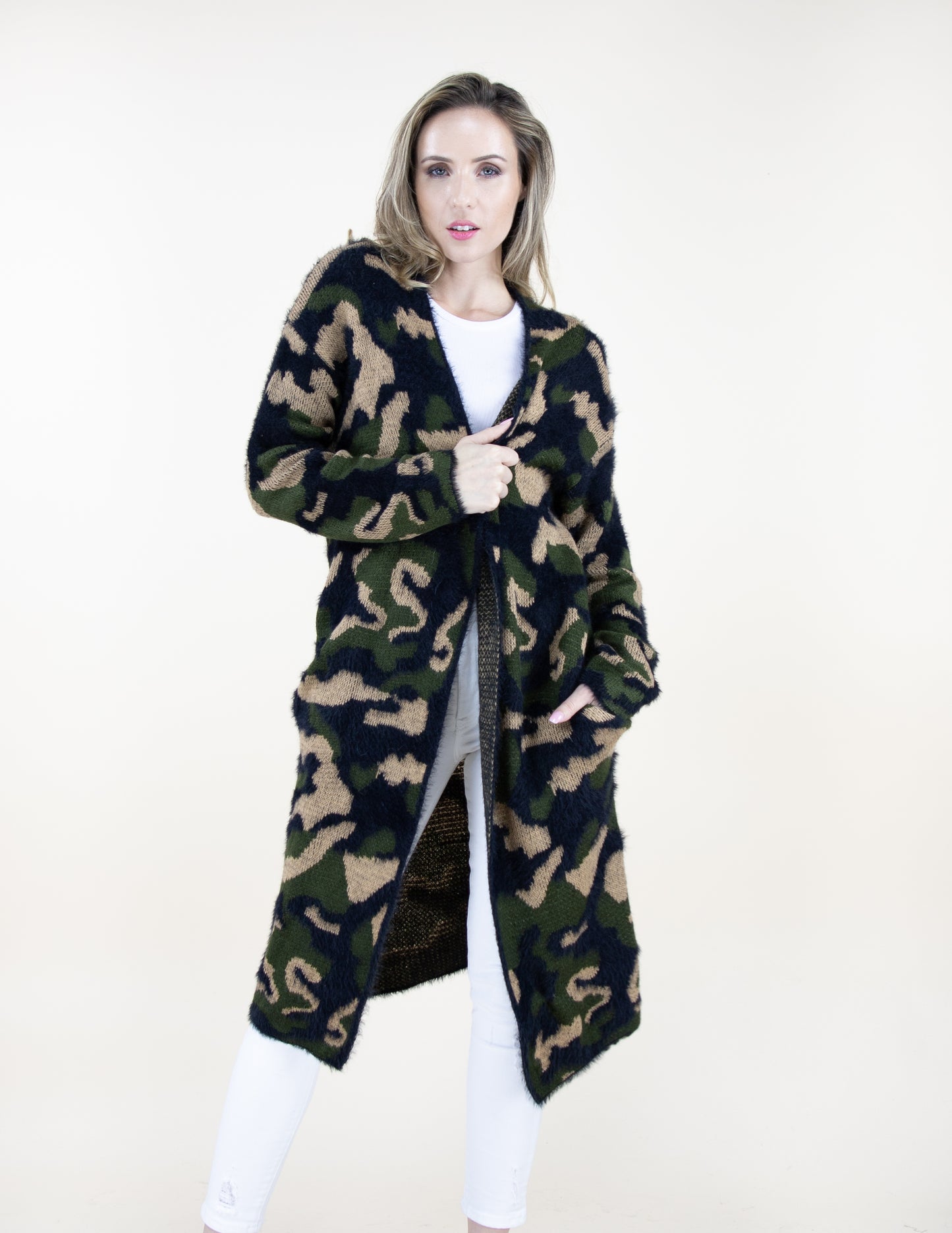 Eyelash Camouflage Long Sleeve Cardigan W/ Pockets - (S/M, L/XL)