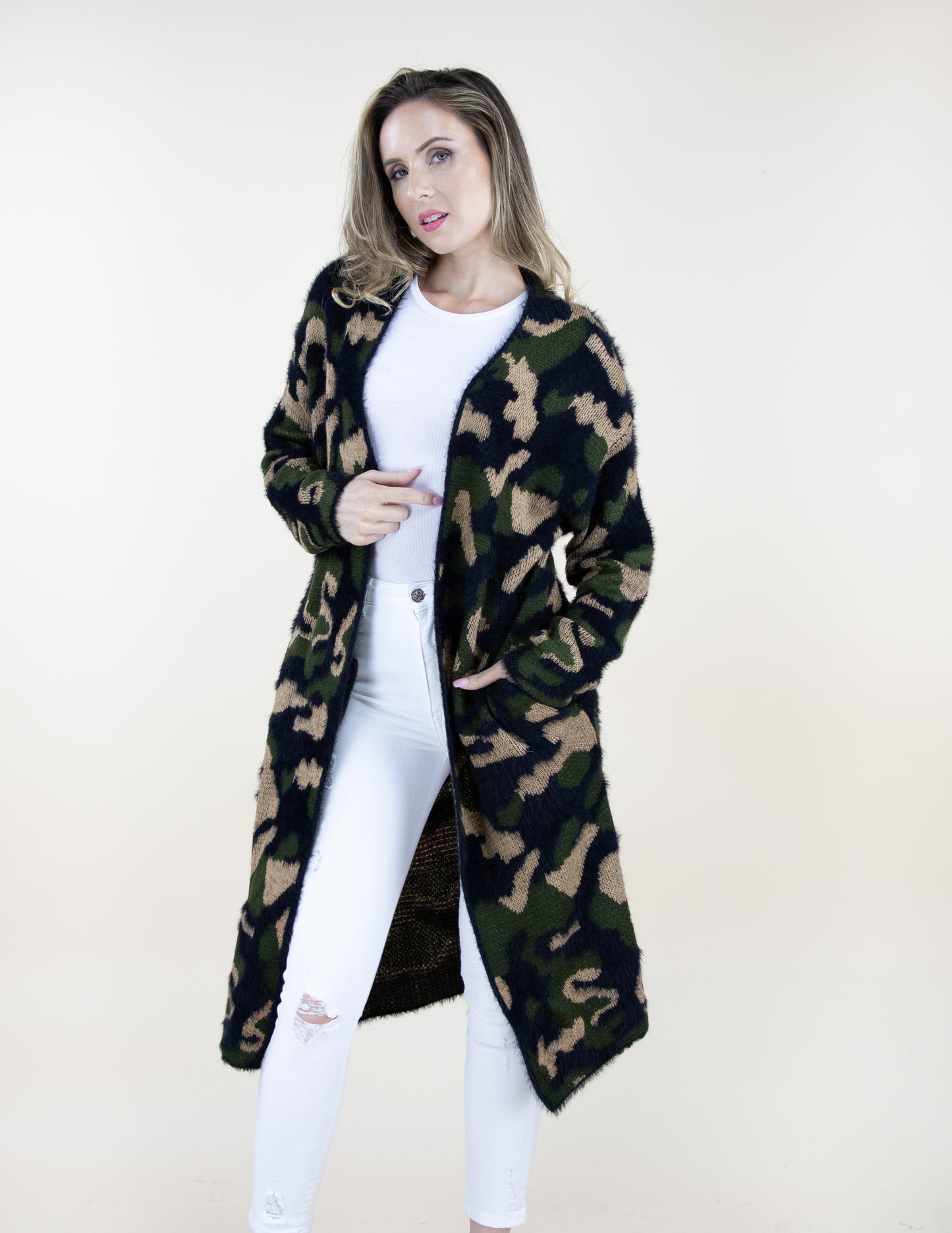 Eyelash Camouflage Long Sleeve Cardigan W/ Pockets - (S/M, L/XL)