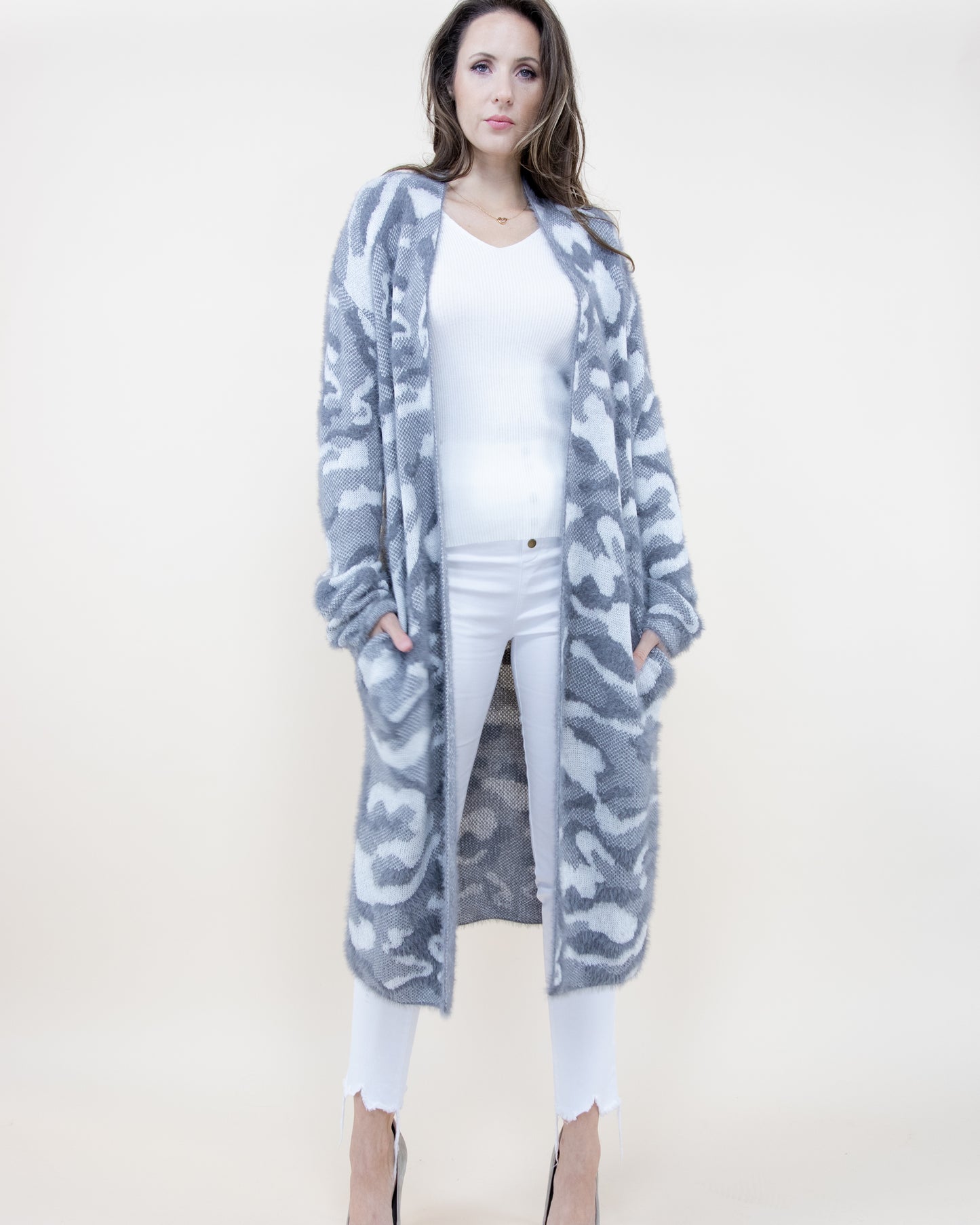 Eyelash Camouflage Long Sleeve Cardigan W/ Pockets - (S/M, L/XL)