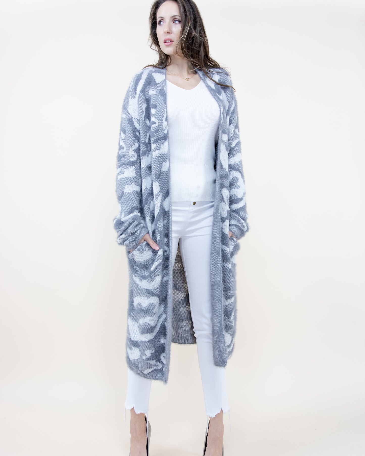 Eyelash Camouflage Long Sleeve Cardigan W/ Pockets - (S/M, L/XL)