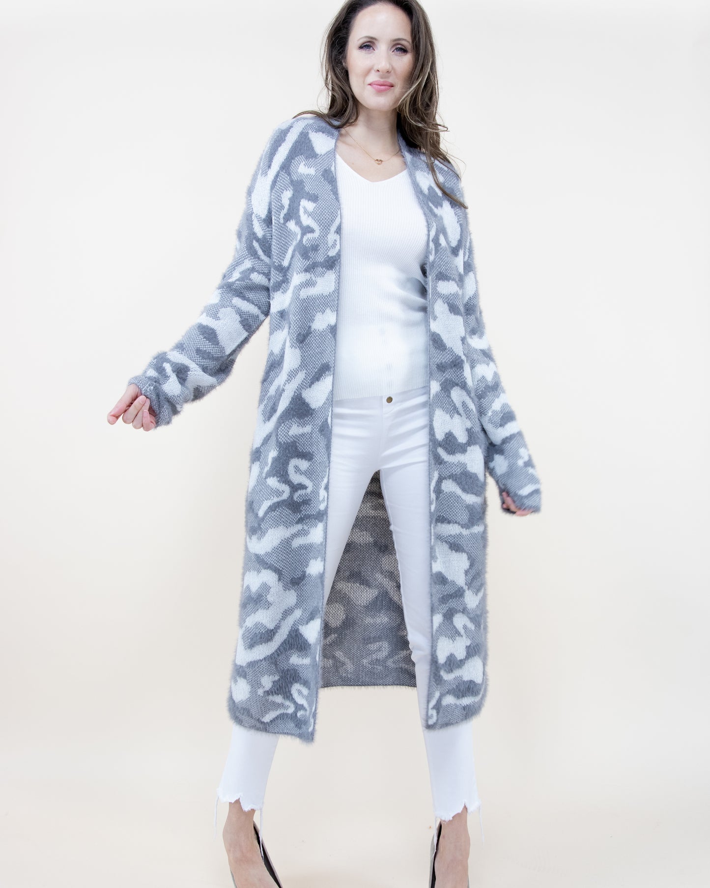 Eyelash Camouflage Long Sleeve Cardigan W/ Pockets - (S/M, L/XL)