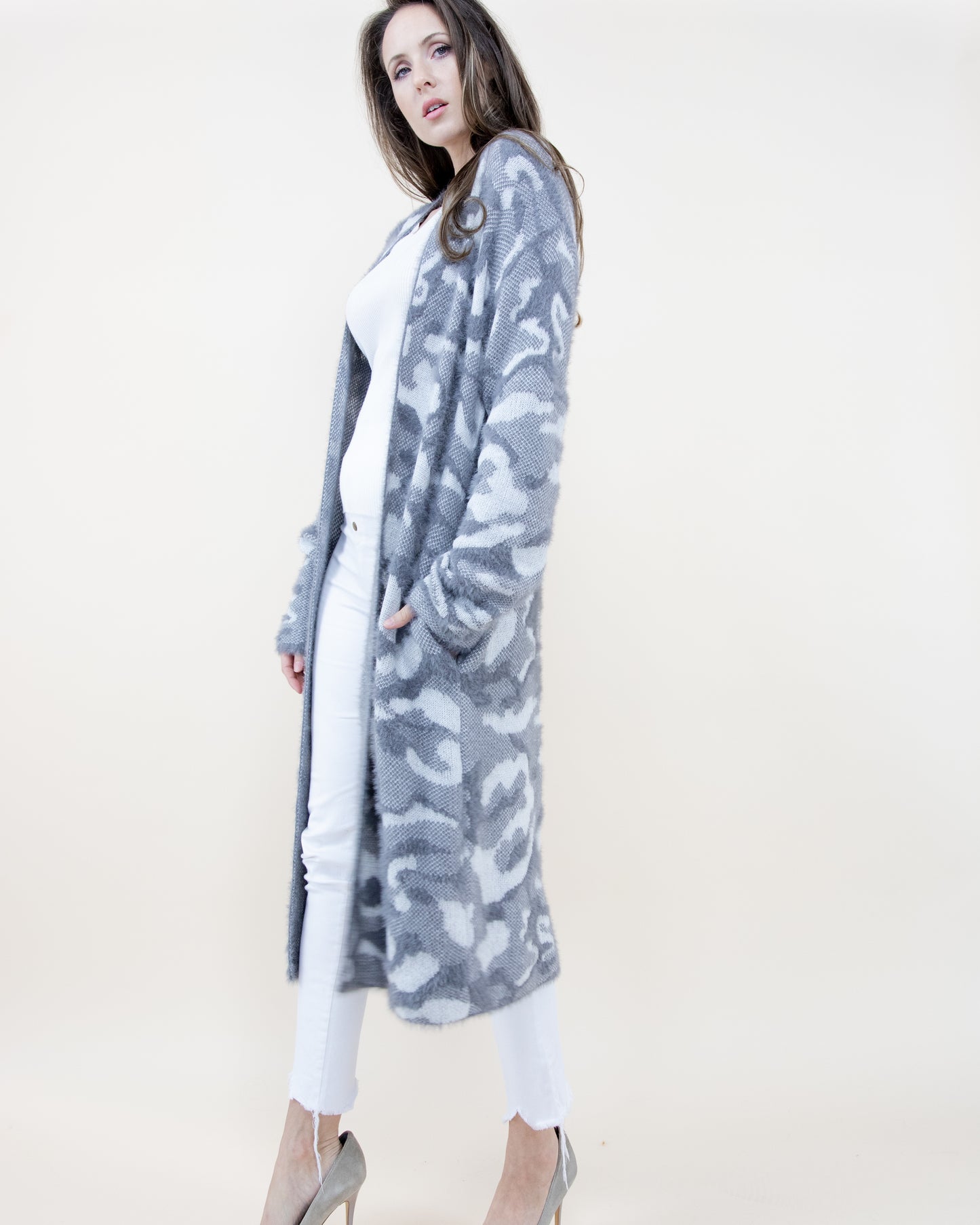 Eyelash Camouflage Long Sleeve Cardigan W/ Pockets - (S/M, L/XL)