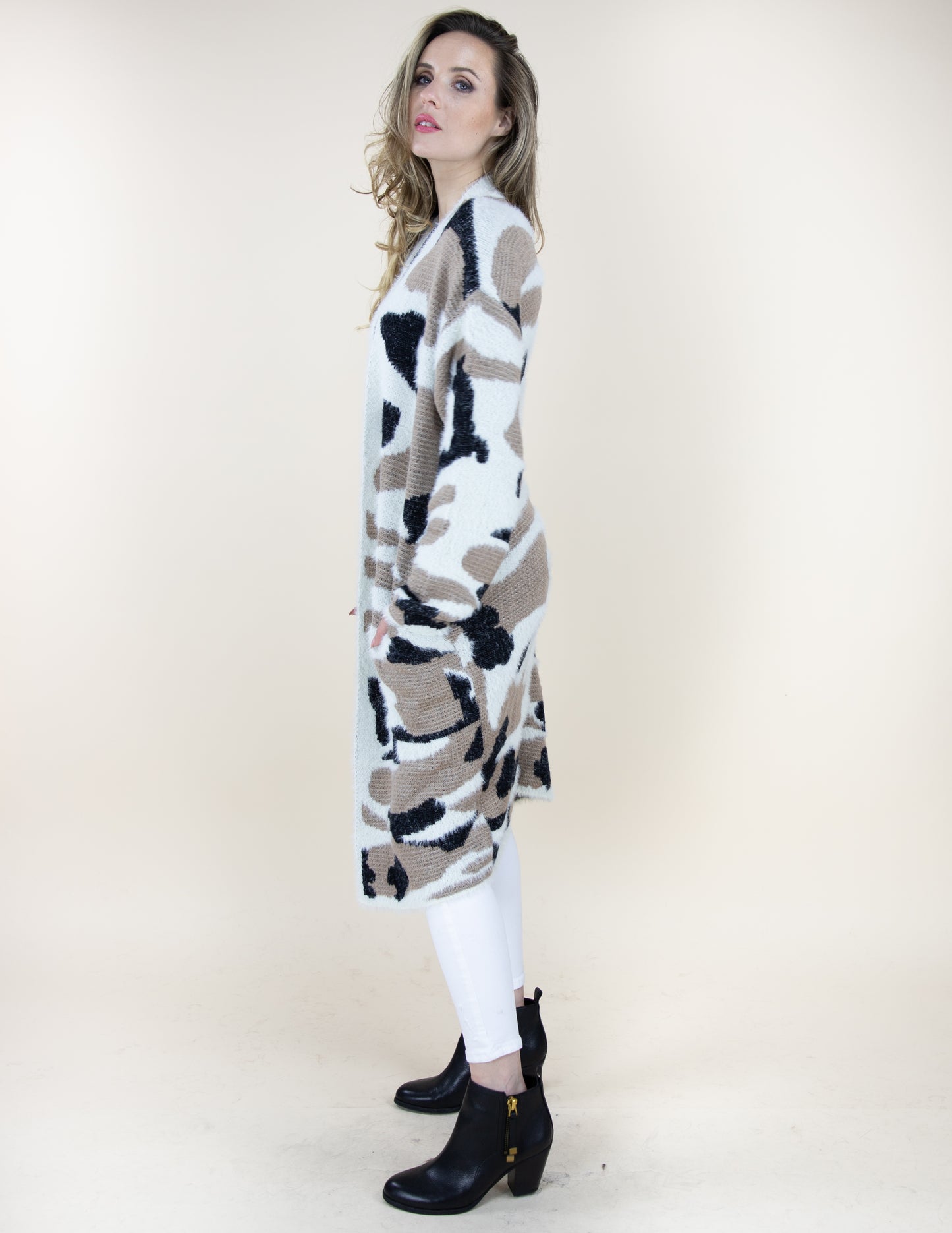 Eyelash Camouflage Long Sleeve Cardigan w/ Pockets