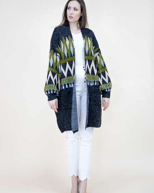 Zig Zac Pattern Bishop Sleeve Cardigan - (S/M, L/XL)