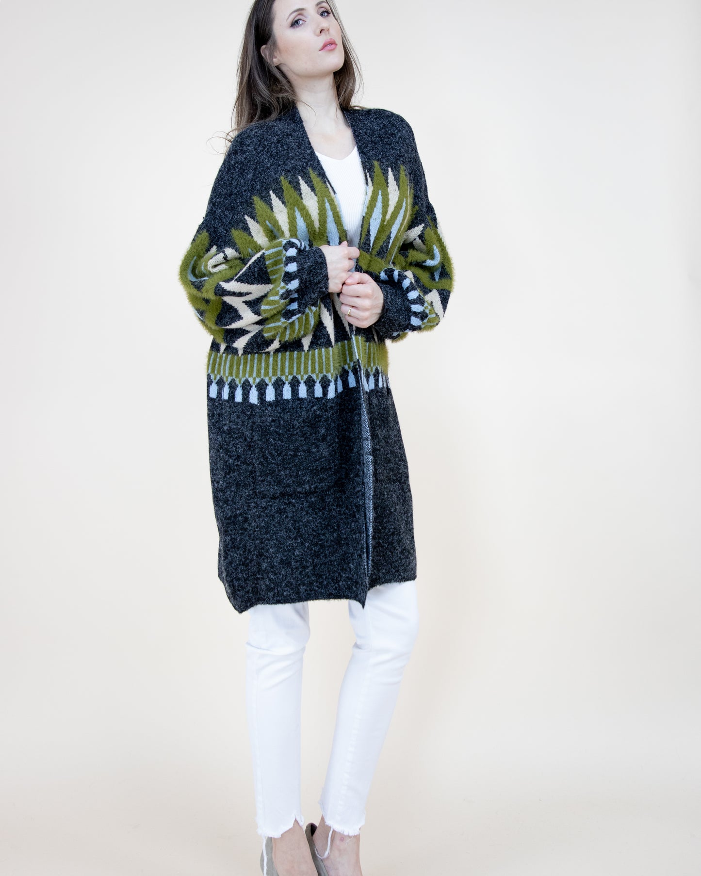 Zig Zac Pattern Bishop Sleeve Cardigan - (S/M, L/XL)