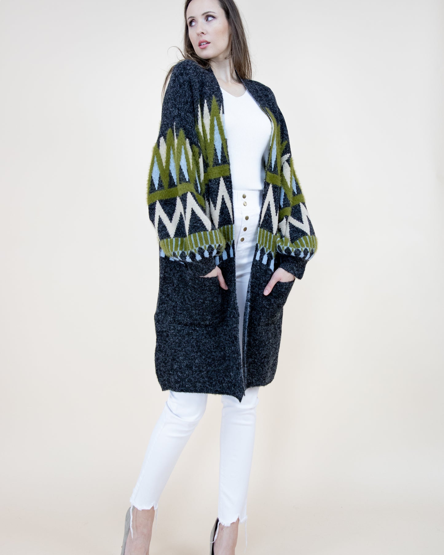 Zig Zac Pattern Bishop Sleeve Cardigan - (S/M, L/XL)