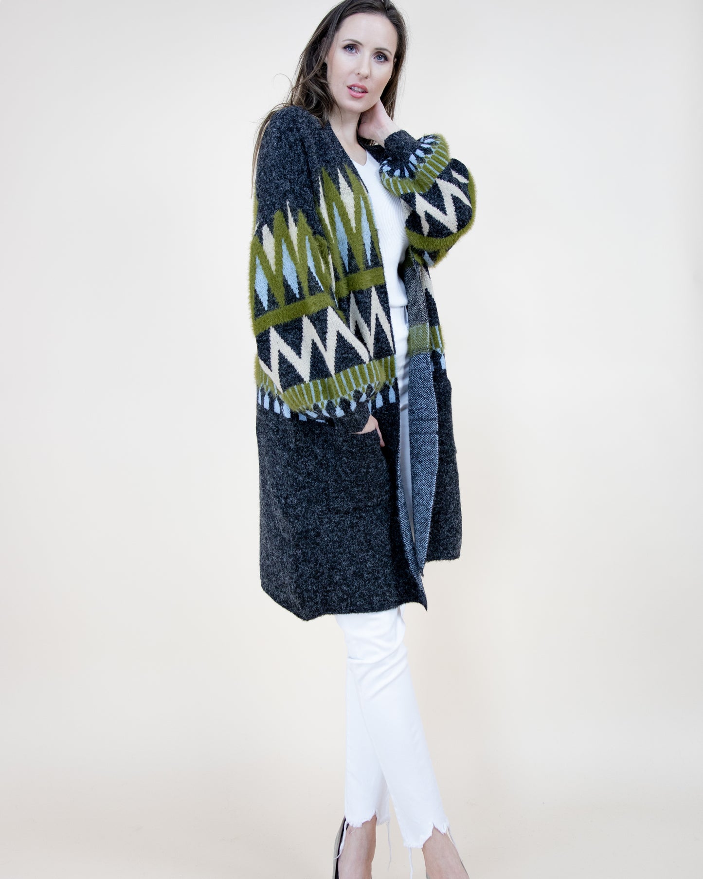 Zig Zac Pattern Bishop Sleeve Cardigan - (S/M, L/XL)