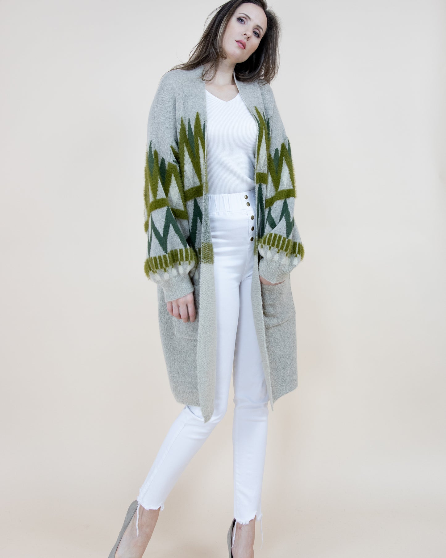 Zig Zac Pattern Bishop Sleeve Cardigan - (S/M, L/XL)