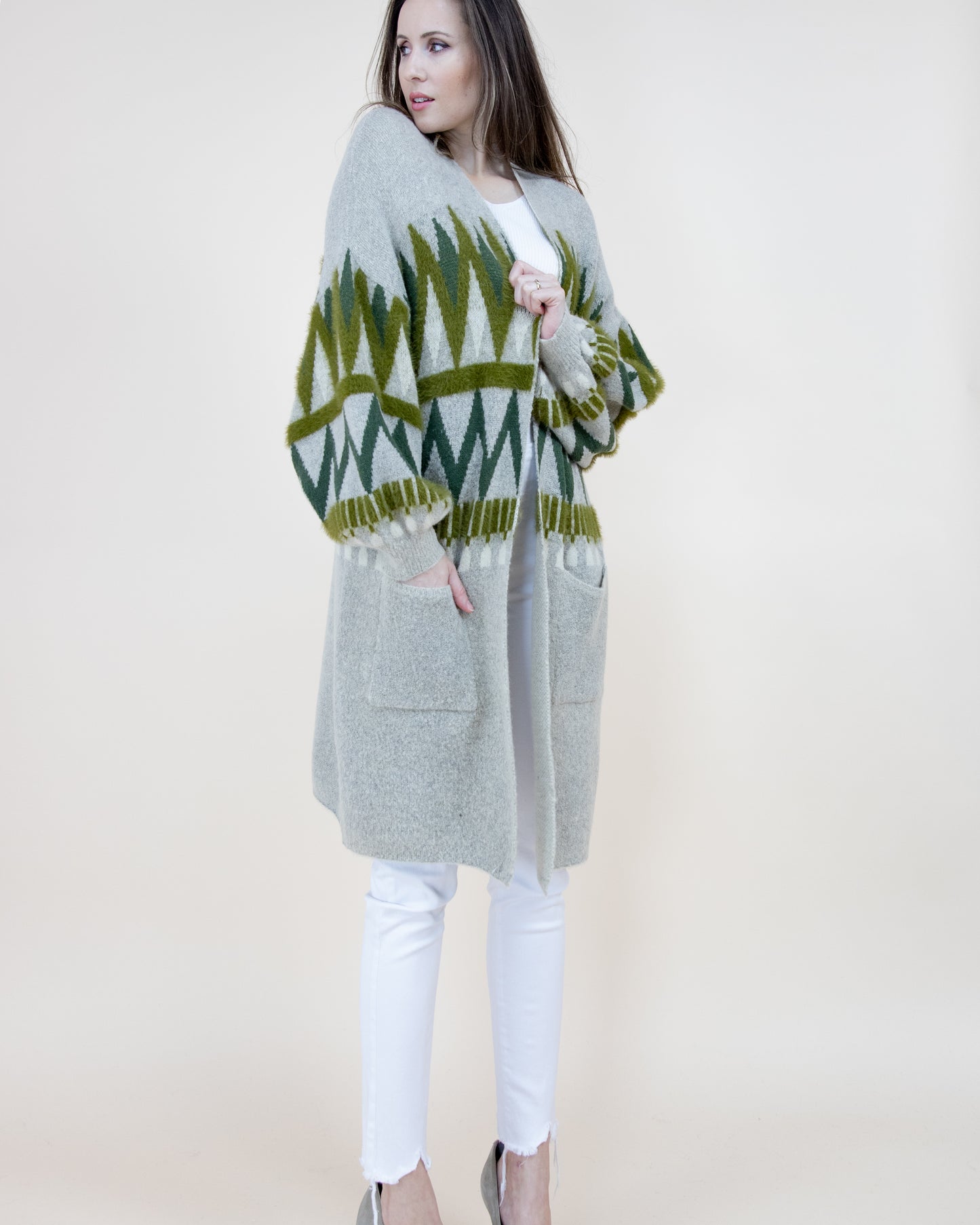 Zig Zac Pattern Bishop Sleeve Cardigan - (S/M, L/XL)